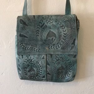 Genuine leather tooled crossbody purse